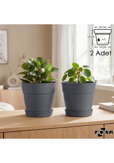Tabaklı Delikli Plastik Çiçek Saksısı, 20 Cm 4 Lt, 2 Adet, Antrasit