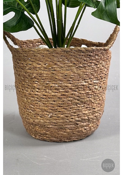 Yapay Monstera Deve Tabani 65 Cm Kulplu Hasir Saksıda Krem