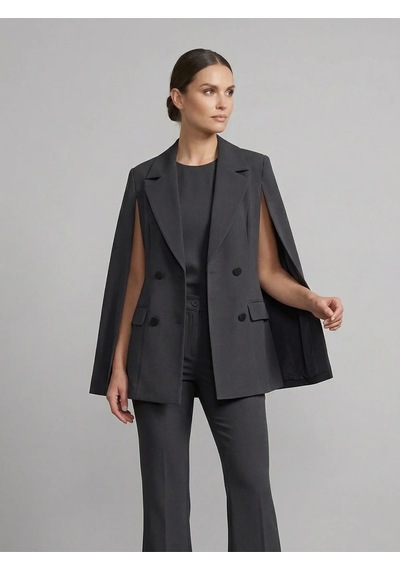 Crystalia Sırtı Taş İşlemeli Ve Pelerin Detaylı Kruvaze Blazer Ceket Gri