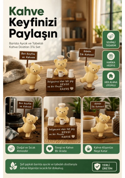 Barista Ayıcık Ve Tabelalı Kahve Dostları 3 Lü Set - Şef Şapkalı Dekoratif Kahve Köşesi Biblo 8