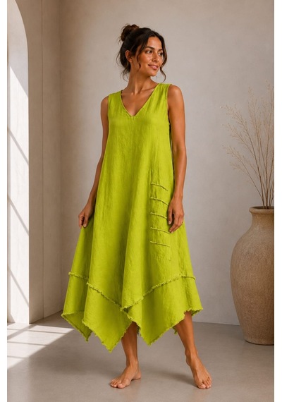Bb Butik Basic İtalyan Keten V Yaka Asimetrik Salaş Elbise Dm0935 Olive