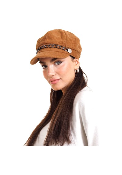 Ladycolor Şapka Zincir Aksesuarlı Kaşe Kumaş Taba Kahverengi