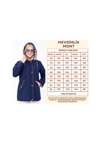 Mg Otantik Büyük Beden Pamuk Ekoseli Kapitone Kaban - Kapüşonlu Mevsimlik Mont Mg001 Lacivert