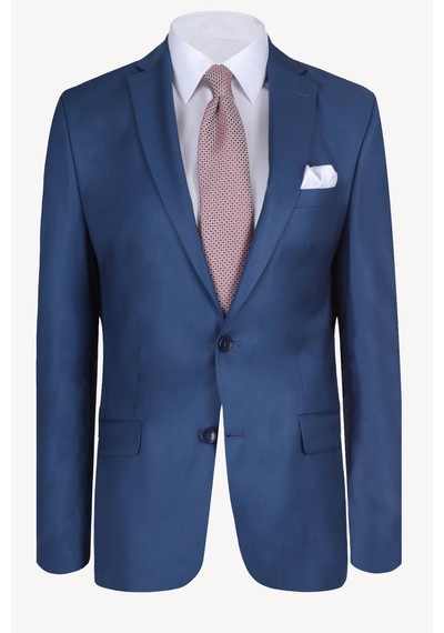 Erkek Saks Mavisi Slim Fit %100 Yün Takım Elbise Saks Mavi