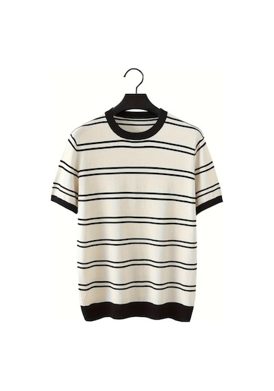 Tarz Cool Erkek Çizgi Detaylı Slim Fit Bisiklet Yaka Triko T-shirt Beyaz