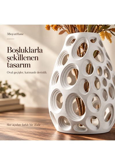 Dekoratif Vazo 20 Cm Oval Delikli Modern Tasarım Kuru Ve Yapay Çiçek Vazosu Beyaz