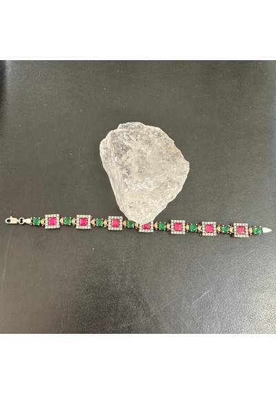 Otantik Bileklik 925 Ayar Gümüş Yakut Zümrüt Ve Zirkon Taşlı