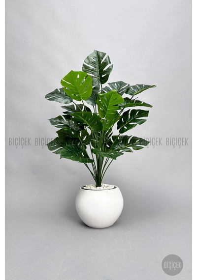 Biçiçek Yapay Monstera Deve Tabani Bi̇tki̇si̇ 65 Cm Beyaz Küre Saksıda