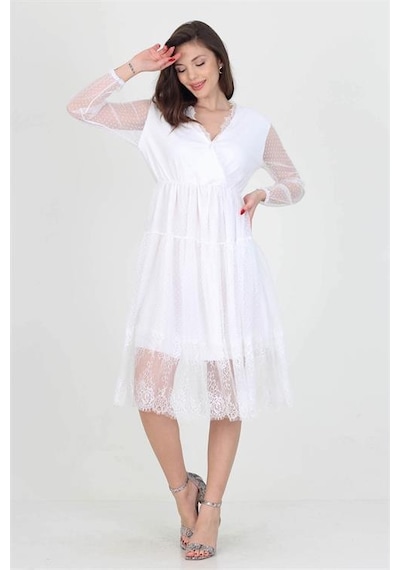 Neşeli Butik Neseli Butik Kruvaze Yaka Eteği Güpür Detaylı Yeni Sezon Elbise Nb0010 Beyaz