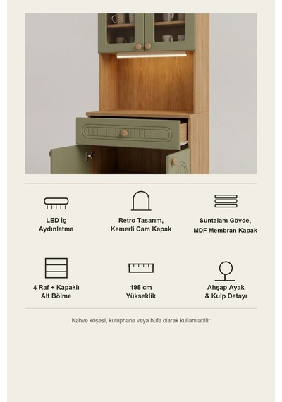 Barista Led Aydınlatmalı Kahve Köşesi Dolabı Retro Büfe 195cm Mdf Koyu Yeşil