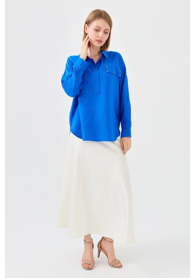 Desen Triko Kadın Polo Yaka Cepli Bluz 23485 Saks Desen Triko Kadın Polo Yaka Cepli Bluz 23485 Saks