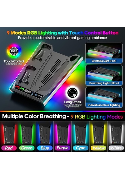 Ps5/slim/pro Stand, Otomatik Ayarlanabilir 3 Seviyeli Soğutma Fanı, 9 Rgb Işıklı Ps5 Soğutma İstasyonu Ve Çift