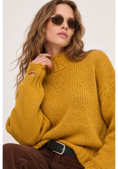 Neden Tekstil Kadın Premium Yırtık Detaylı Oversize Triko Kazak - Hardal