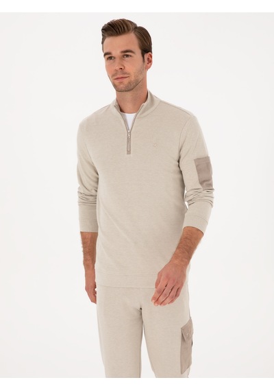 Bej Regular Fit Yarım Fermuarlı Sweatshirt