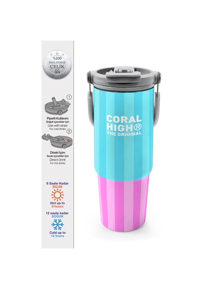 Coral High Renkli Çizgili Desenli Pipetli Ve Direkt İçim Çelik Termos 900 Ml 38747 Çok Renkli