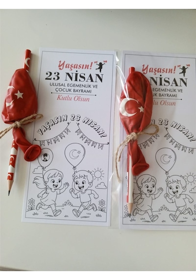 23 Nisan Boyama Kartı Türk Bayraklı Balon Ve Kalem 30 Adet Çok Renkli