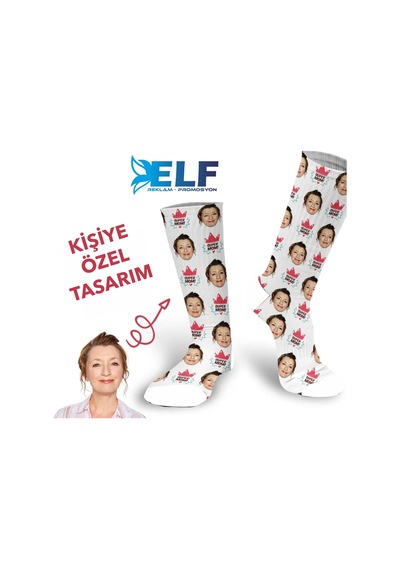 Elf Reklam Kişiye Özel Çorap Resim Baskılı Beyaz