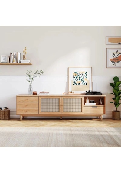 Ahşap Rattan Kapak Detaylı Modern Tv Ünitesi Natural