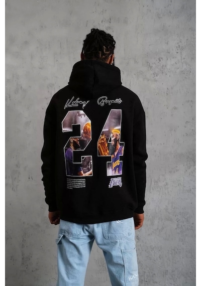 Erkek Baskılı Oversize Üç İplik Kapüşonlu Sweatshirt - Siyah Siyah