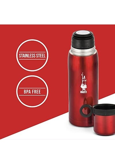 Bialetti - Termos - 460ml - Kırmızı Renk - Paslanmaz Çelik - Çift Katmanlı - 12 Saat Sıcak 24 Saat Soğuk Tutar - Bardaklı Kapak Özelliği Açık Beyaz