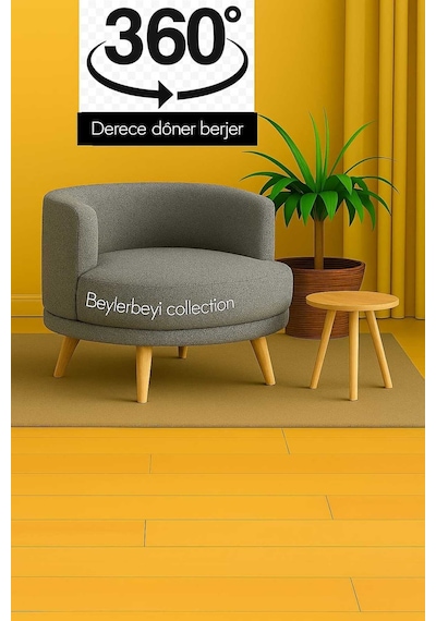 360 Derece Döner Berjer,keten Kumaş Gri Renkli Tekli Koltuk, Mekanizmalı Döner Berjer, Gri Keten