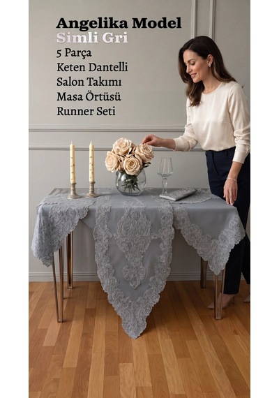 Cekihome 5 Parça Keten Dantelli Salon Takımı Runner Seti Angelika Model Simli Gri Masa Örtüsü No 236
