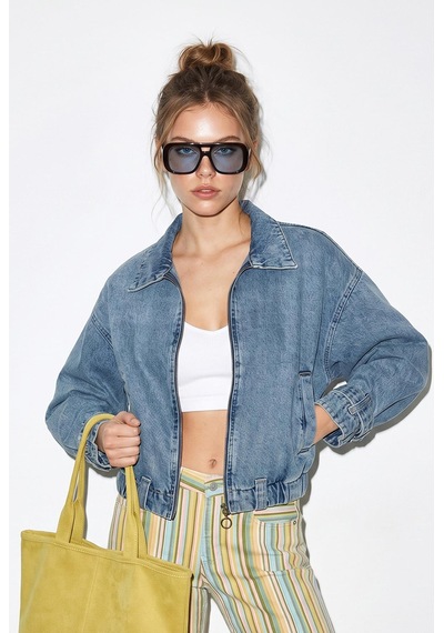 Shade Kadın Fermuarlı Kemer Detaylı Oversize Denim Ceket 3667 60286206 - Buz Mavisi
