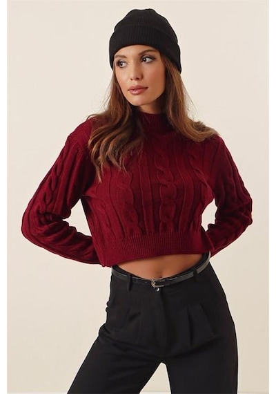Yarım Balıkçı Yaka Saç Örgülü Kısa Crop Bordo Kazak Bordo