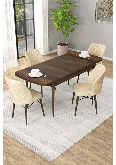 Arel Barok Desen 80x132 Açılabilir Mdf Masa Yemek Odası Takımı, Mutfak Takımı 4 Adet Sandalye Barok Masa - 4 Krem - Ceviz Ayak Arel Barok Desen 80x132 Açılabilir Mdf Masa Yemek Odası Takımı, Mutfak Takımı 4 Adet Sandalye Barok Masa - 4 Krem - Ceviz Ayak