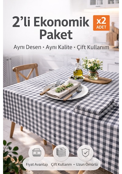 2'li Paket Küçük Kare Desen Pötikareli Masa Örtüsü, Sofra Bezi, Piknik Örtüsü 170 X 170 Cm Gri