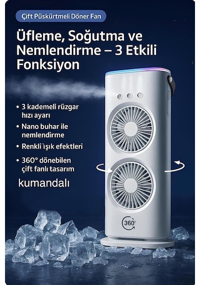 Şarjlı Spreyli Buzlu Fan Vantilatör Çift Fanlı Buharlı Hava Soğutucu 120ml Kumandalı Salınım