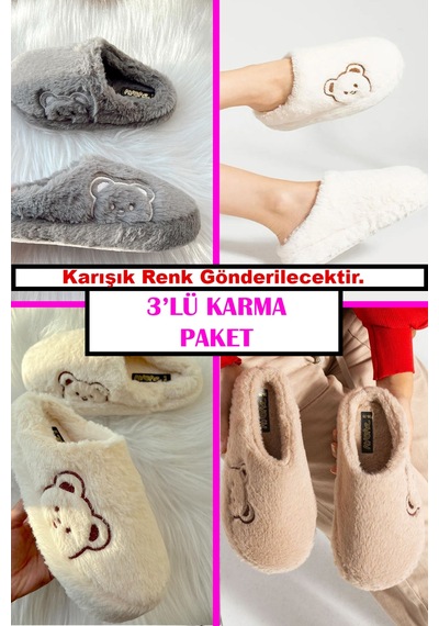3 Lü Avantajlı Paket Kışlık Peluş Desenli Sessiz Ortopedik Taban Çeyiz Misafir Ev Terliği Seti 3'lü Ayıcık Terlik