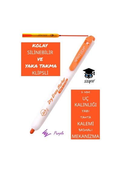 Basmalı Tahta Kalemi Yaka Clipsli İade Garantili Amerika Markası Writech Kolay Silinebilir Mor
