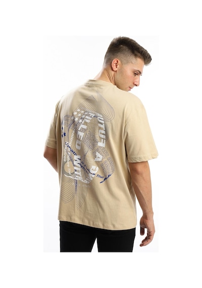 Erkek Oversize Fit Ön Arka Baskılı Basic Tişört Bej