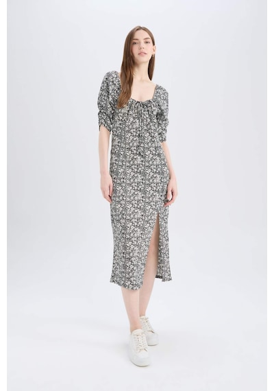 DeFacto Bodycon Vücudu Saran Kare Yaka Çiçek Desenli Bürümcük Yarım Kol Midi Elbise Z5262AZ25SPBK81