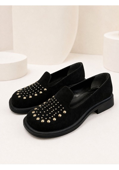 Dabab Shoes Monıca Kadın Siyah Süet Taşlı Zımbalı Yuvarlak Burun 2 Cm Kalın Taban Loafer Ayakkabı
