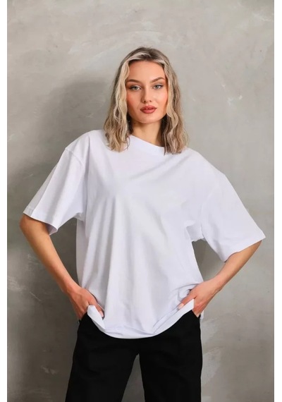 Ge Ticaret Unisex Bisiklet Yaka 20/1 Düz Oversize T-shirt - Beyaz Beyaz