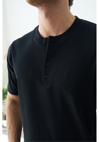 Baselco Premium Henley Yaka Beyaz T-shirt - Rib Dokulu Modern Fit Siyah