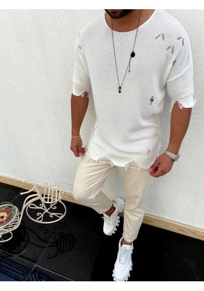 Elkumoda Yırtık Detaylı Tişört Lazer Kesim Tshirt-2684
