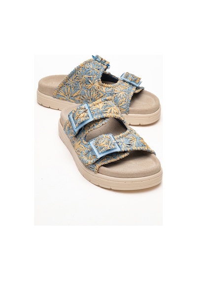 Luvishoes Luvi Shoes Mılana Mavi Desenli Hakiki Deri Tokalı Çift Bantlı Kadın Terlik Mavi