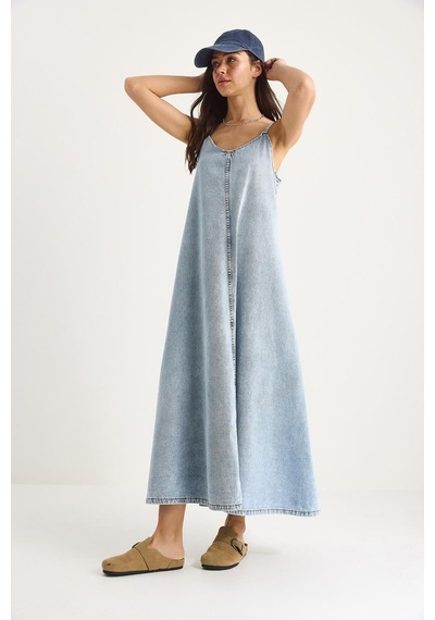 Kadın İnce Askılı Uzun Denim Elbise 6058 60281039 - Kar Yıkama