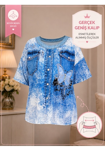 Büyük Beden Kelebek Baskılı Düğme Detaylı Kısa Kollu Rahat Kesim Kadın Bluz Mavi