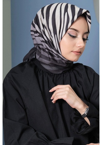 Afvente Zebra Desen Siyah Pamuk Eşarp