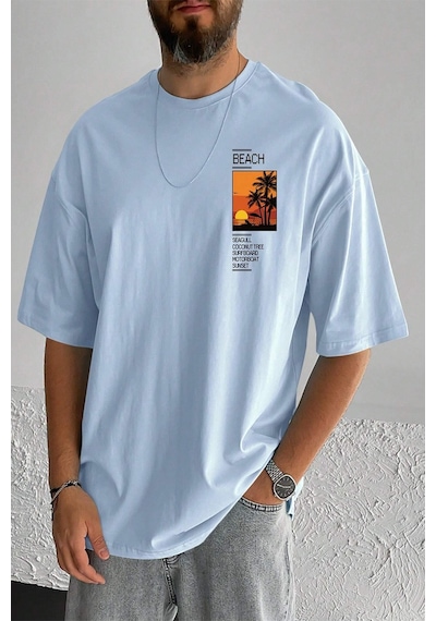 Erkek Beach Baskılı Oversize Tshirt Bebemavi Bebek Mavisi