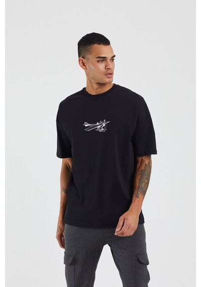 Thewert Unisex Antika Uçak Baskılı Siyah Oversize Tshirt