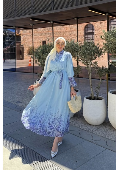 Riella Butik Çiçek Desenli Tesettür Elbise Mavi