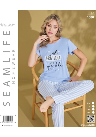 Seamlife Kadın Extra Yumuşak %100 Pamuk Milan Kısa Kollu Pijama Takımı Mavi