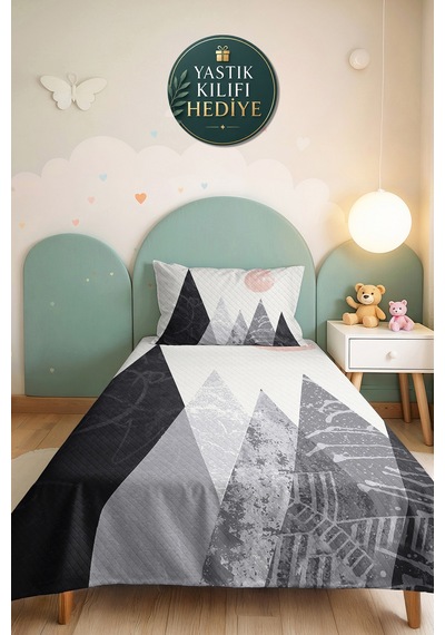 Gri Geometrik Modern Genç Odası Tek Kişilik Pike Takımı - Pudra Minimal 160x220 Cm Yatak Örtüsü Mumlu Köy Hissi
