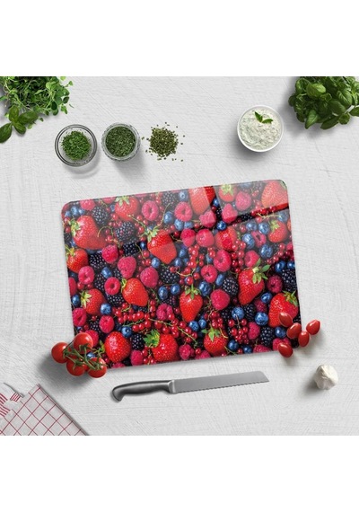 Mor Kırmızı Meyveler Cam Kesme Tahtası 30cm X 40cm Diğer