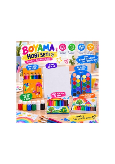 Boyama Hobi Seti Tuval Kuru Sulu Mum Yağlı Pastel Guaj Boya - 924529049